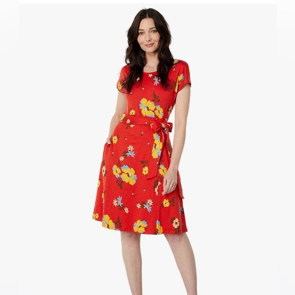 Toad&Co. Cue Wrap Short Sleeve Dress Orange Floral Print Size Large NWT $90 MSRP - Picture 1 of 6